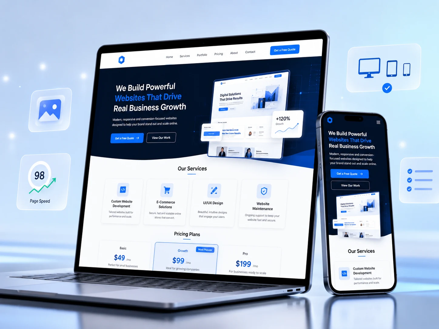 Modern responsive business website displayed on a premium laptop and smartphone with conversion focused design