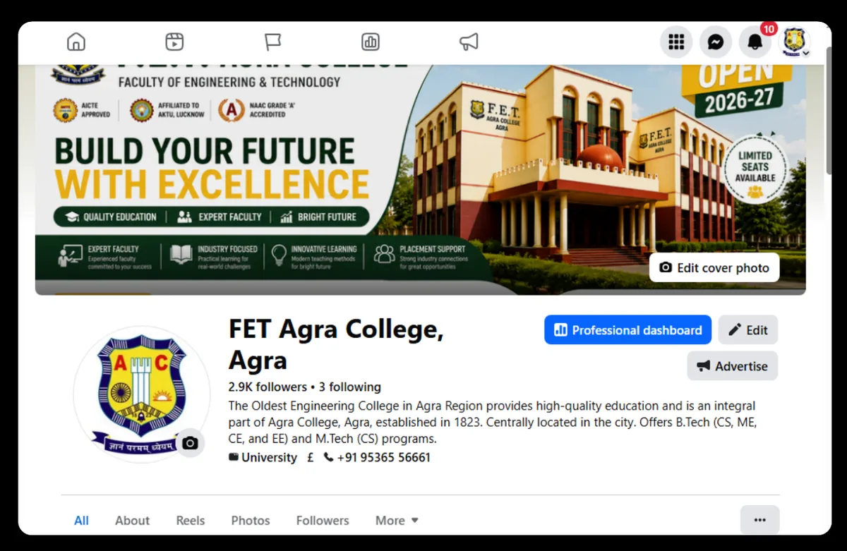 RFT Agra College social media portfolio by BrandUp Digital Marketing