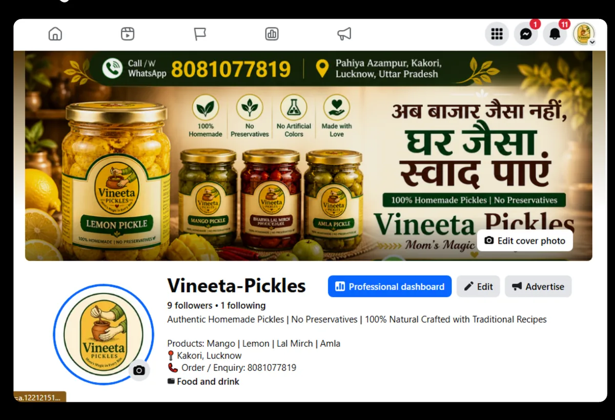 Vineeta Pickles social media portfolio by BrandUp Digital Marketing